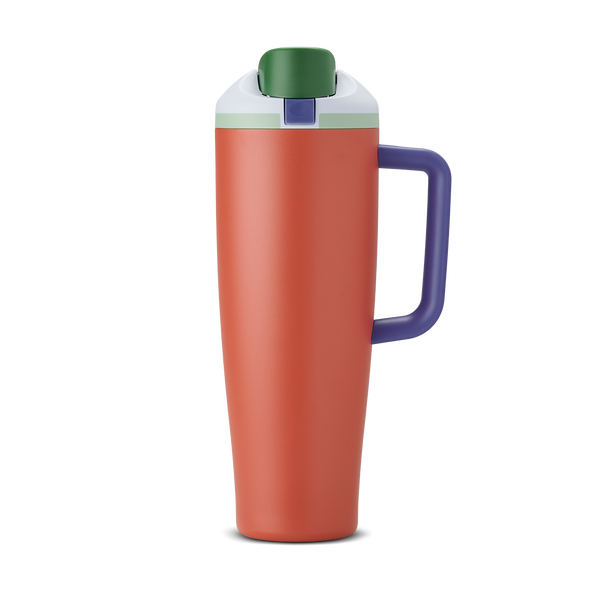 FreeSip Tumbler 40oz Summer Harvest, burnt orange/terracotta body with white flip cap, green accent, and purple handle