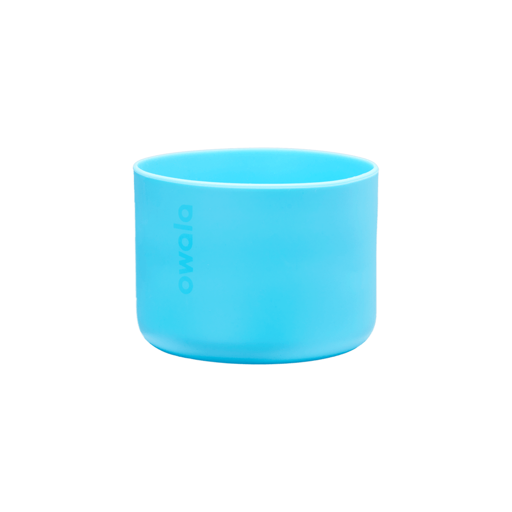 Owala Bottle Boot in bright cyan blue silicone with tonal Owala logo, wide short cylindrical form sized for the 40oz bottle