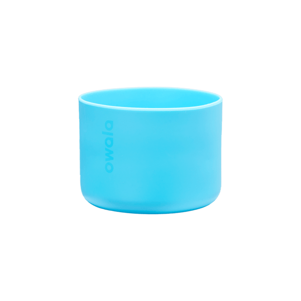 Owala Bottle Boot in bright cyan blue silicone with tonal Owala logo, wide short cylindrical form sized for the 40oz bottle