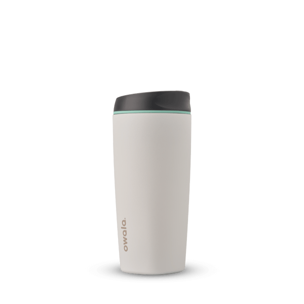 SmoothSip 20oz in Cloudscape, off-white cream tumbler body with charcoal gray flip-style lid and mint green accent ring