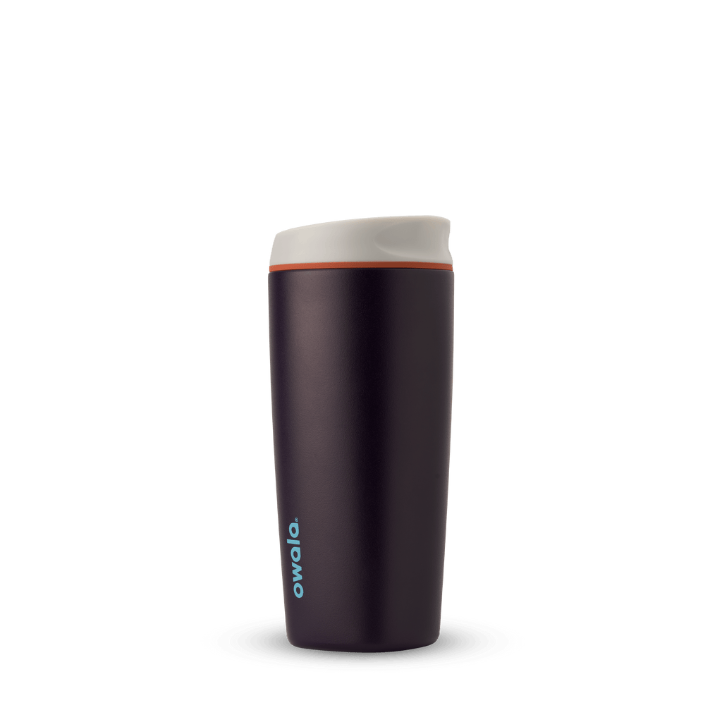 SmoothSip 20oz in Telescope Tales, deep eggplant purple body with off-white cream flip-style lid, orange accent ring, and bright cyan blue Owala logo