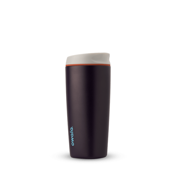 SmoothSip 20oz in Telescope Tales, deep eggplant purple body with off-white cream flip-style lid, orange accent ring, and bright cyan blue Owala logo