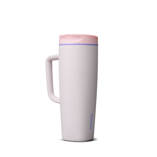 SmoothSip Slider with Handle 24oz in Candy Coated (Ceramic), pale lavender-white body with pink slider lid and violet accent ring