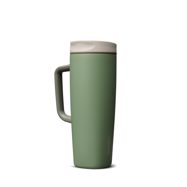 SmoothSip Slider with Handle 24oz in Green House (Ceramic), muted sage green body with cream off-white slider lid and sage green handle