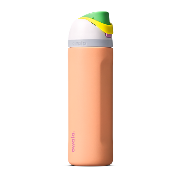 FreeSip 24oz in Peachy Keen, soft peach orange insulated bottle with white flip cap lid, yellow flip tab, and bright green carry loop