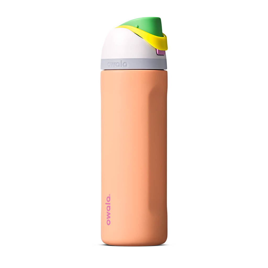 FreeSip 24oz in Peachy Keen, soft peach orange insulated bottle with white flip cap lid, yellow flip tab, and bright green carry loop