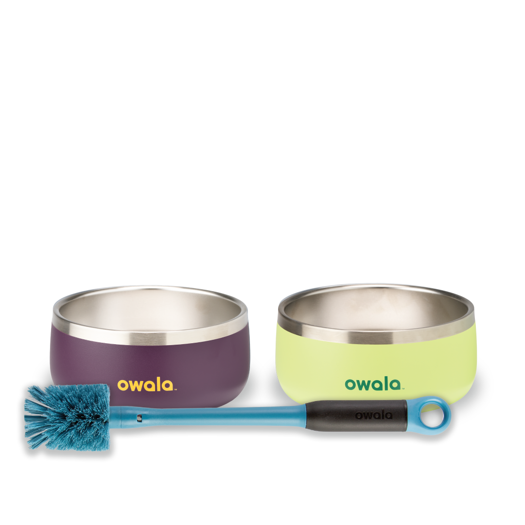 Owala Pet Bowl Bundle showing two stainless steel pet bowls — one deep purple with yellow Owala logo and one lime green with yellow Owala logo — alongside a teal-handled bottle brush with blue bristles Main image