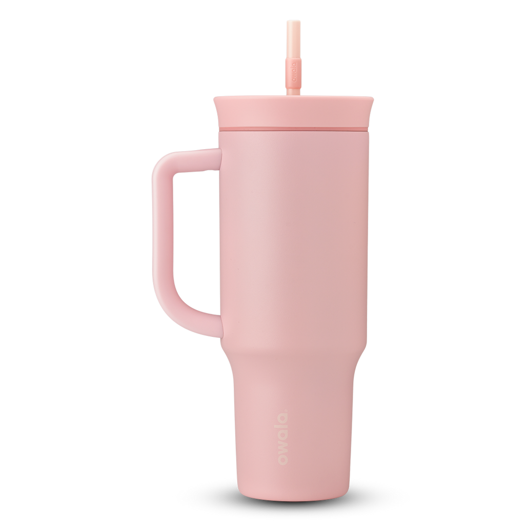 40oz Tumbler in Rose Quartz, soft blush pink insulated tumbler with matching pink handle and lid, and pale pink straw