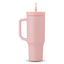 40oz Tumbler in Rose Quartz, soft blush pink insulated tumbler with matching pink handle and lid, and pale pink straw