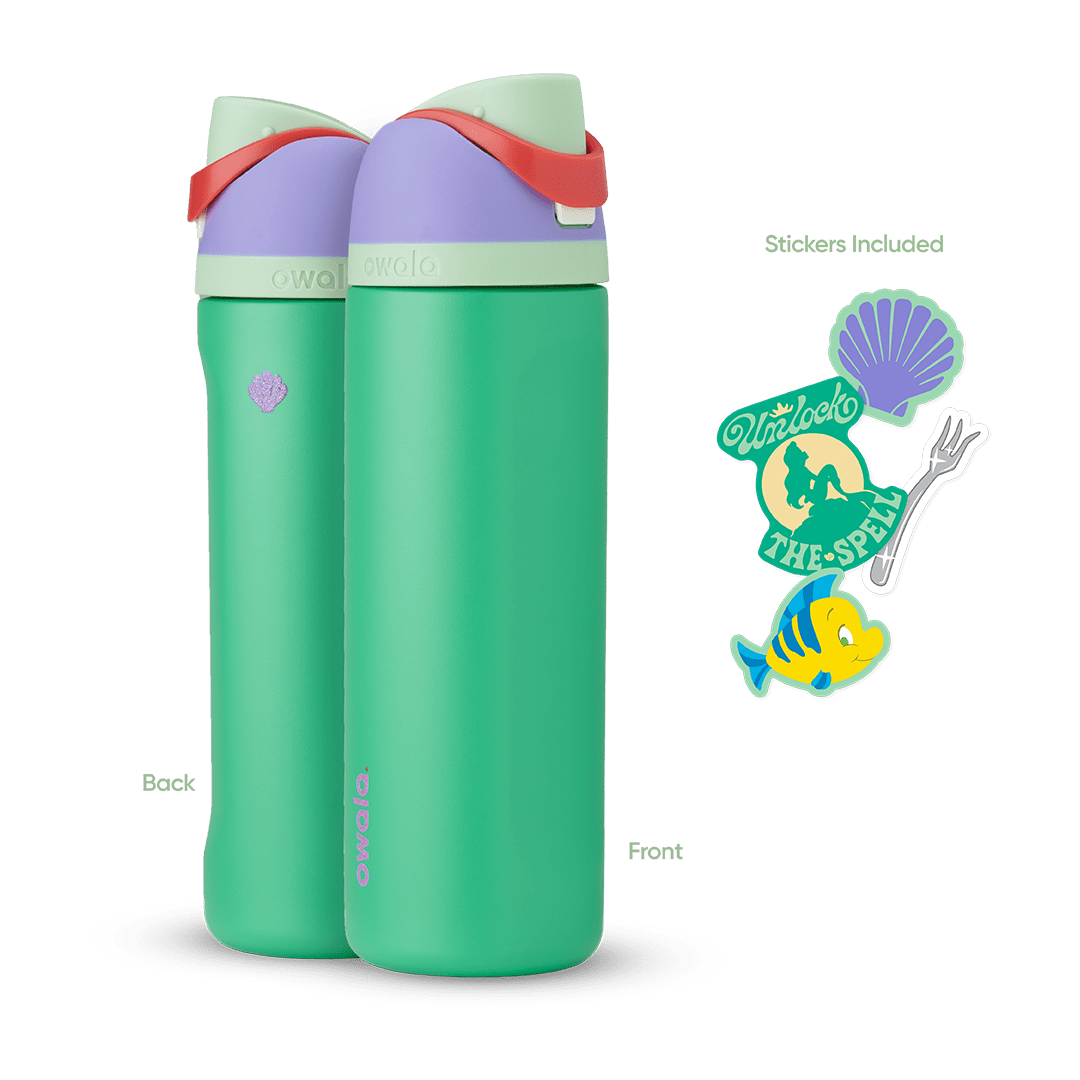 FreeSip 24oz in Ariel, mint green insulated bottle with light lavender flip cap, sage green lid, and red carry loop, shown front and back with included purple shell, "Unlock the Spell" silhouette, fork, and Flounder fish stickers Main image