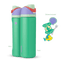FreeSip 24oz in Ariel, mint green insulated bottle with light lavender flip cap, sage green lid, and red carry loop, shown front and back with included purple shell, "Unlock the Spell" silhouette, fork, and Flounder fish stickers