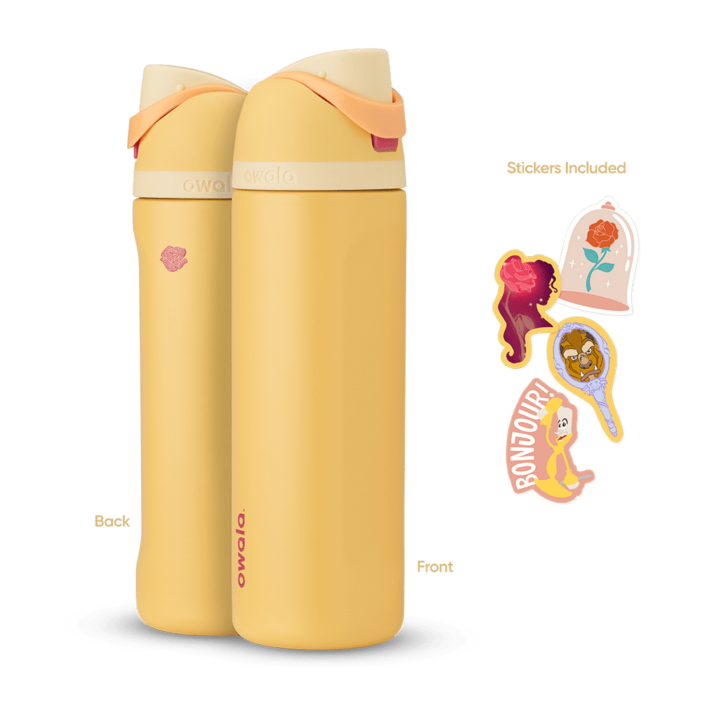 FreeSip 24oz in Belle, warm golden yellow insulated bottle with cream flip cap, cream lid, and peach orange carry loop, shown front and back with included enchanted rose, Belle silhouette, Beast hand mirror, and "Bonjour!" Lumière stickers