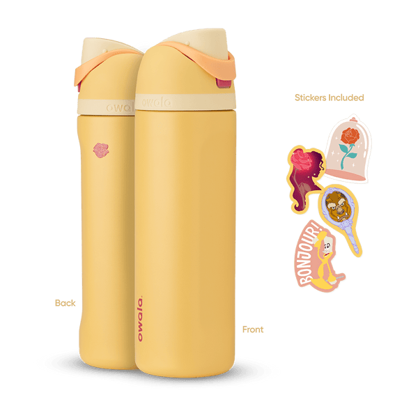 FreeSip 24oz in Belle, warm golden yellow insulated bottle with cream flip cap, cream lid, and peach orange carry loop, shown front and back with included enchanted rose, Belle silhouette, Beast hand mirror, and "Bonjour!" Lumière stickers