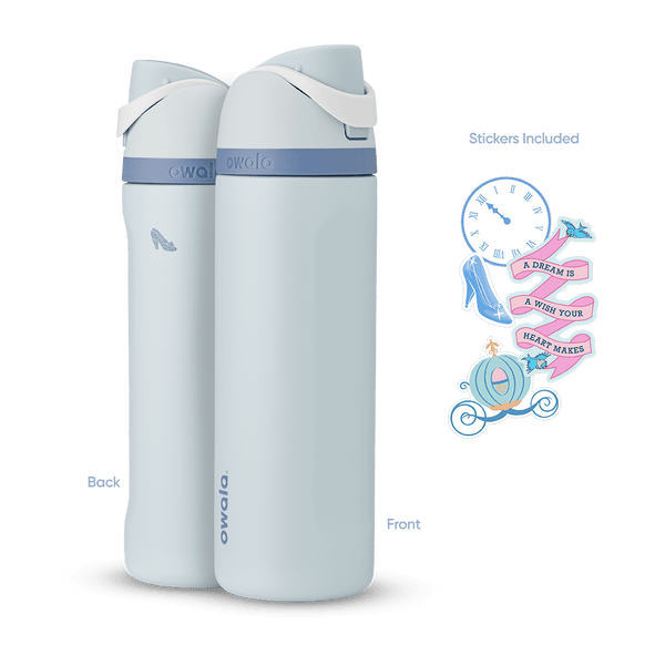 FreeSip 24oz in Cinderella, pale icy blue insulated bottle with matching flip cap, white carry loop, and periwinkle blue accent band, shown front and back with included clock, glass slipper, "A Dream Is a Wish Your Heart Makes" pink ribbon, and pumpkin carriage stickers