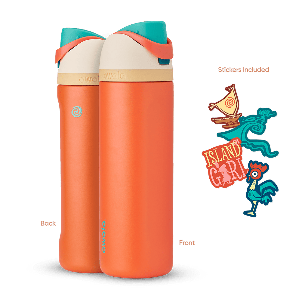 FreeSip 24oz in Moana, bright orange insulated bottle with teal flip cap, cream lid, tan accent band, and orange carry loop, shown front and back with included sailboat, teal wave, "Island Girl" silhouette, and Hei Hei rooster stickers