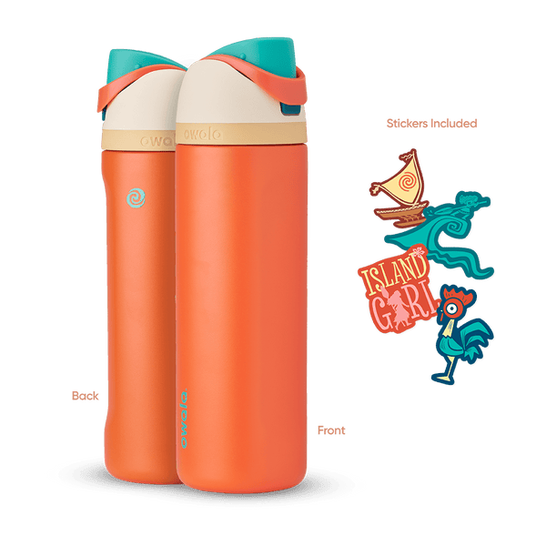 FreeSip 24oz in Moana, bright orange insulated bottle with teal flip cap, cream lid, tan accent band, and orange carry loop, shown front and back with included sailboat, teal wave, "Island Girl" silhouette, and Hei Hei rooster stickers
