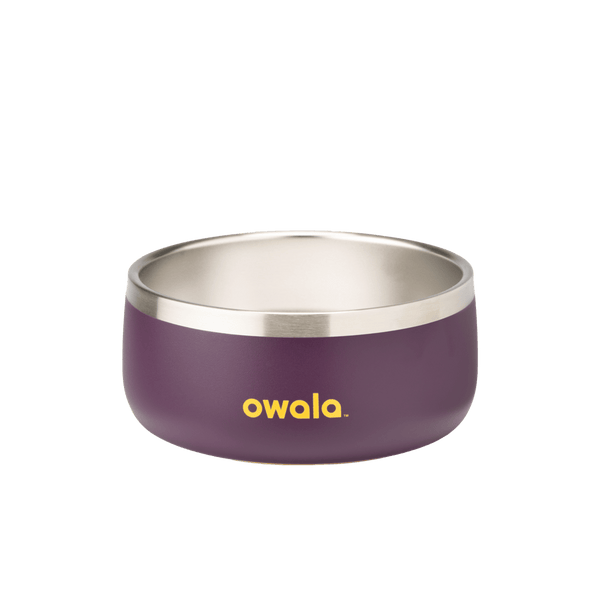 Pet Bowl 3-cup in Grapeful Fur You; matte deep purple cup exterior with stainless steel interior rim and yellow Owala logo on front