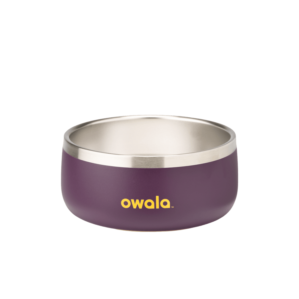 Pet Bowl 3-cup, deep plum purple exterior with stainless steel interior; yellow Owala logo