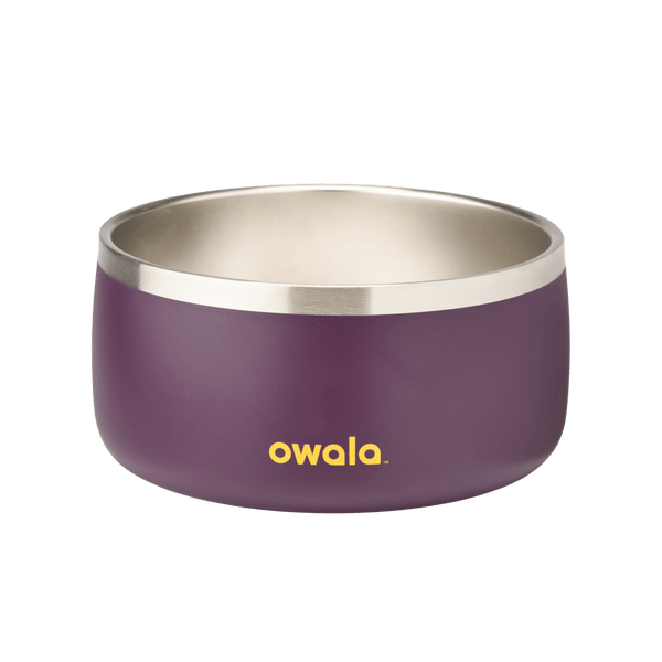 Pet Bowl 6-cup in Grapeful Fur You; matte deep purple cup exterior with stainless steel interior rim and yellow Owala logo on front