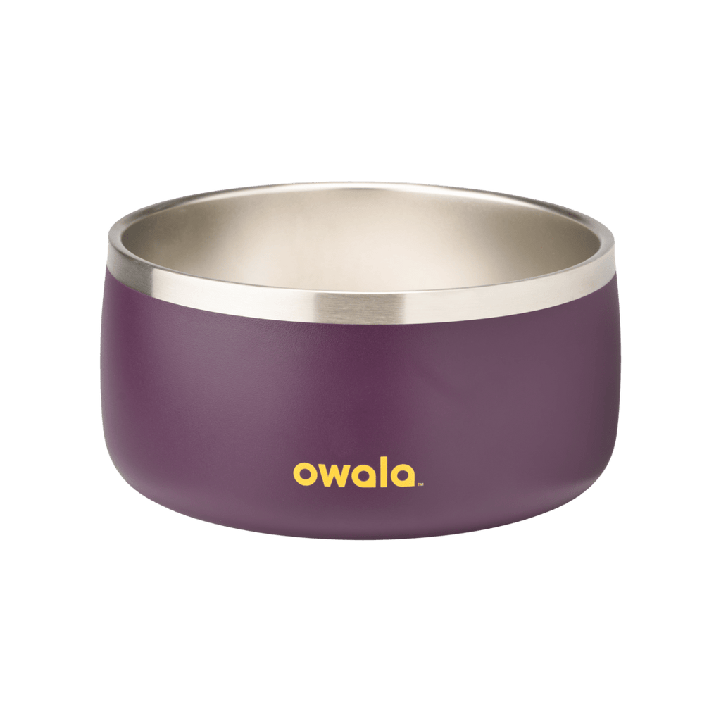 Owala Pet Bowl 6-cup in deep purple with stainless steel interior and yellow Owala wordmark, slightly wider crop