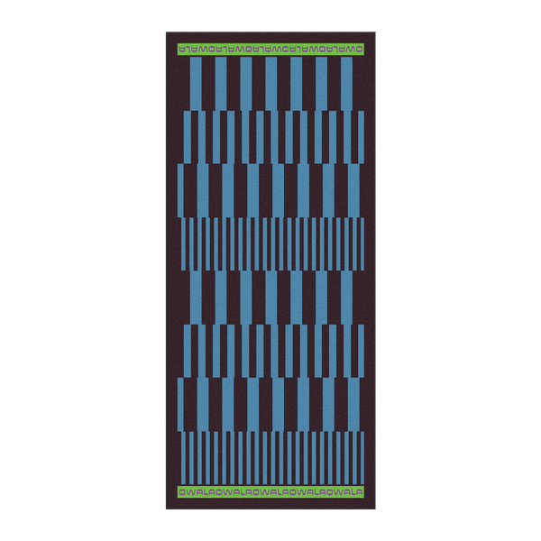 Owala Beach Towel in Retro Dive; geometric pattern of bright blue rectangular blocks on a dark brown background with green Owala logo borders at top and bottom