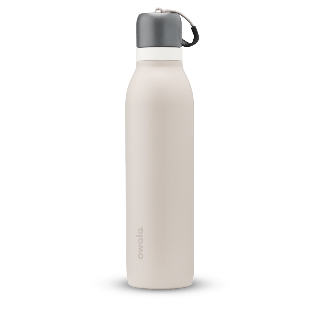 FreeSip Twist UK 24oz, off-white cream insulated water bottle with gray twist cap and carry loop