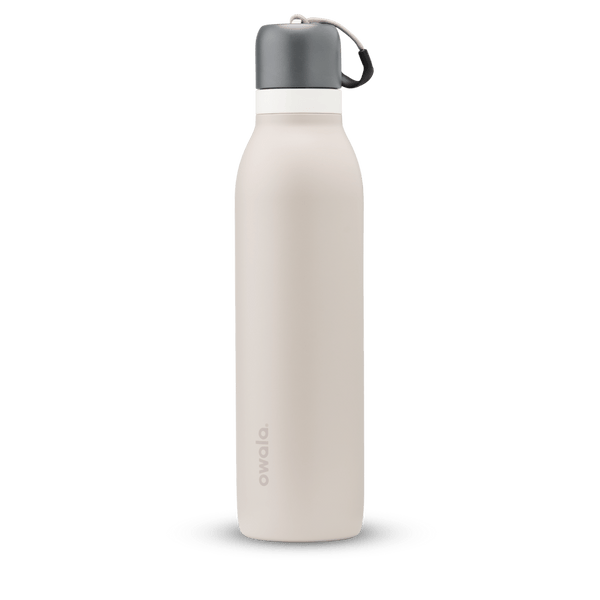 FreeSip Twist UK 24oz, off-white cream insulated water bottle with gray twist cap and carry loop