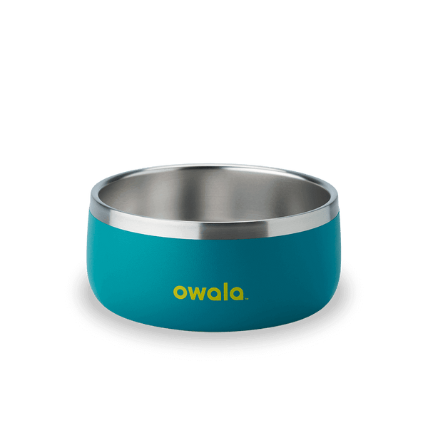Pet Bowl 3-cup in Turquoise and Caicos; matte teal cup exterior with stainless steel interior rim and yellow Owala logo on front