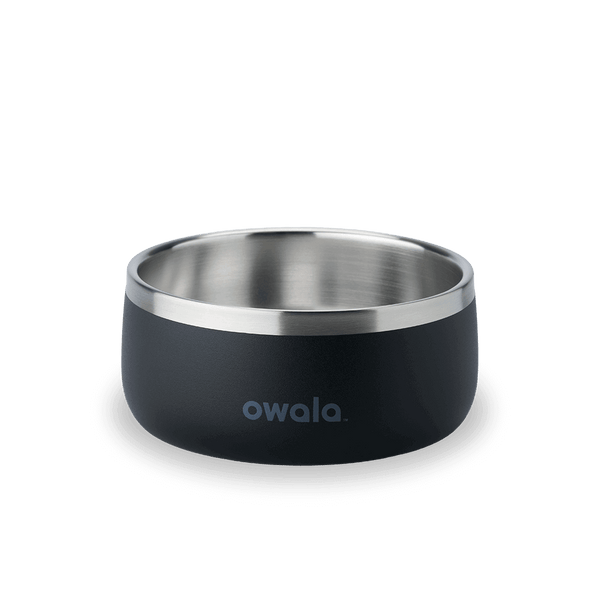 Pet Bowl 3-cup in Very Dark; matte black cup exterior with stainless steel interior rim and dark gray Owala logo on front
