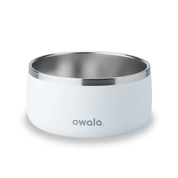 Pet Bowl 6-cup in Shy Marshmallow; matte white cup exterior with stainless steel interior rim and gray Owala logo on front