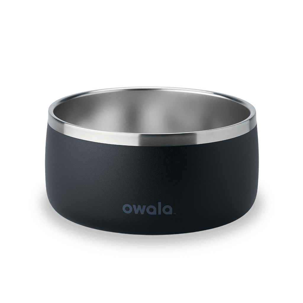Pet Bowl 6-cup in Very Dark; matte black cup exterior with stainless steel interior rim and dark gray Owala logo on front