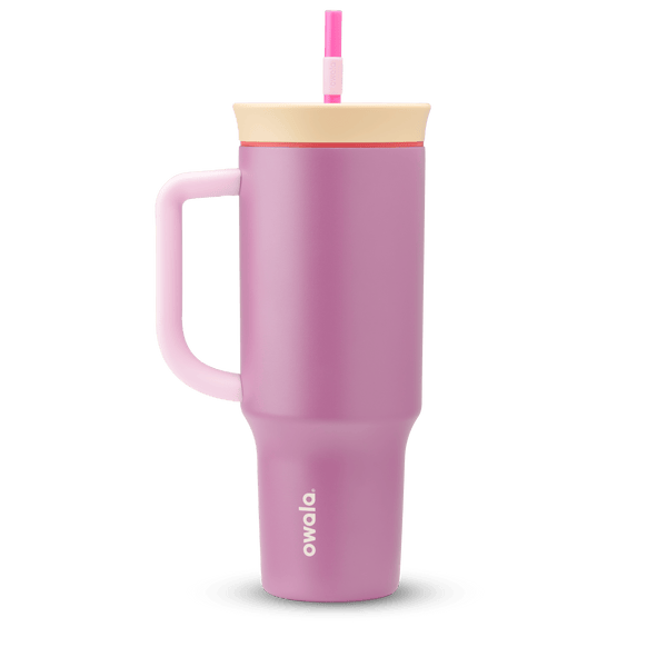 40oz Tumbler in Smell the Roses, dusty mauve pink insulated tumbler with light pink handle, cream lid with red accent ring, and bright pink straw