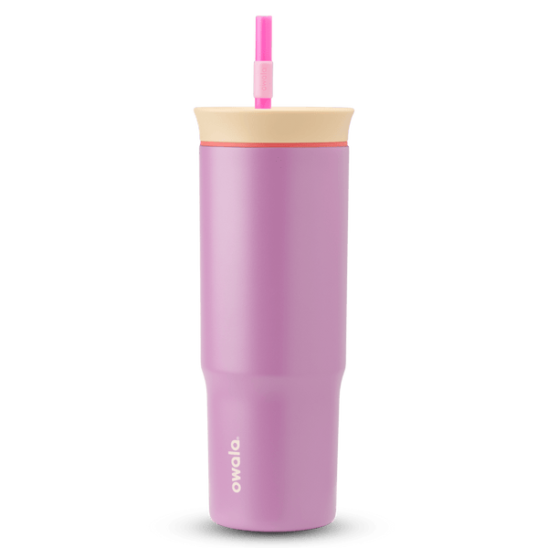 24oz Tumbler in Smell the Roses; matte lavender-pink insulated tumbler with cream lid, coral-red accent ring, and hot pink straw with light pink grip, Owala wordmark on front