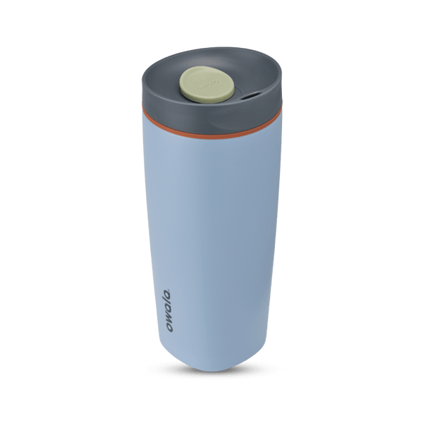 SmoothSip Slider 20oz in Lakeside, light blue body with dark gray lid, sage green slider button, and orange accent ring