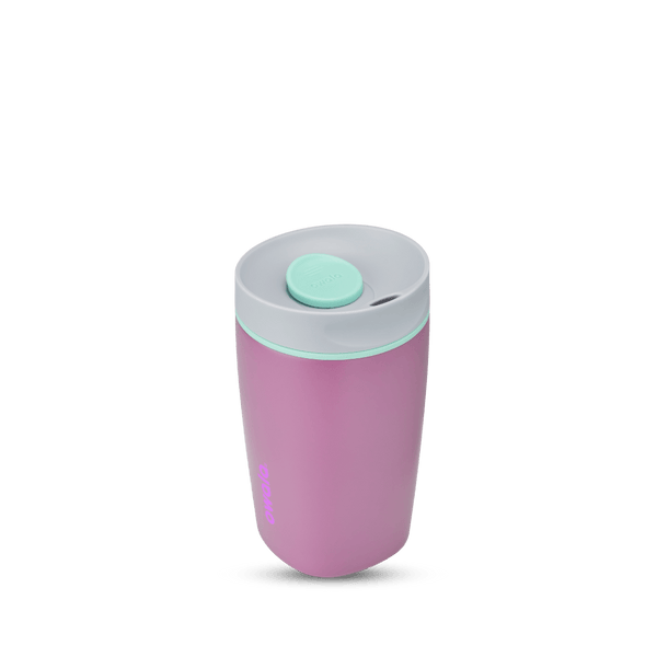 SmoothSip Slider 12oz in Plum Perfect, mauve purple body with light gray lid, mint green slider button, mint green accent ring, and magenta Owala logo