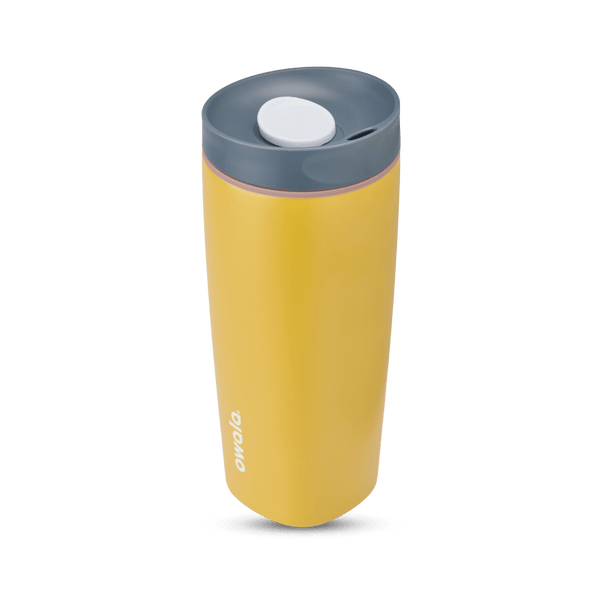 SmoothSip Slider 20oz in Golden Quest, golden yellow body with dark gray lid, white slider button, pale pink accent ring, and white Owala logo
