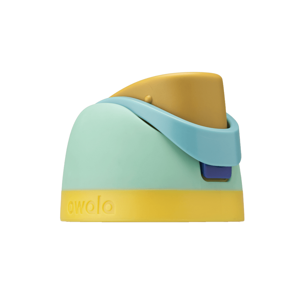 Owala FreeSip replacement lid in Splishy Splashy, mint green body with mustard yellow flip cap, light blue carry loop, and bright yellow base accent band