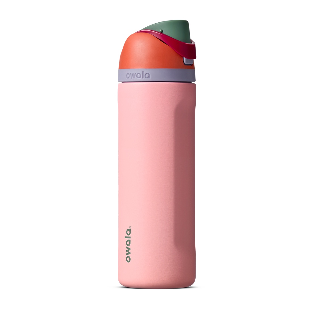 FreeSip 24oz in Sugar High, coral pink insulated bottle with rust orange flip cap and forest green accent band