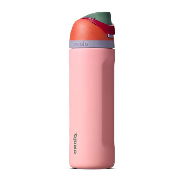 FreeSip 24oz in Sugar High, coral pink insulated bottle with rust orange flip cap and forest green accent band
