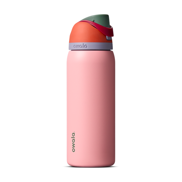 FreeSip 32oz in Sugar High, coral pink insulated bottle with rust orange flip cap and forest green accent band