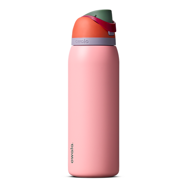 FreeSip 40oz in Sugar High, coral pink insulated bottle with rust orange flip cap, forest green accent band, and purple carry loop