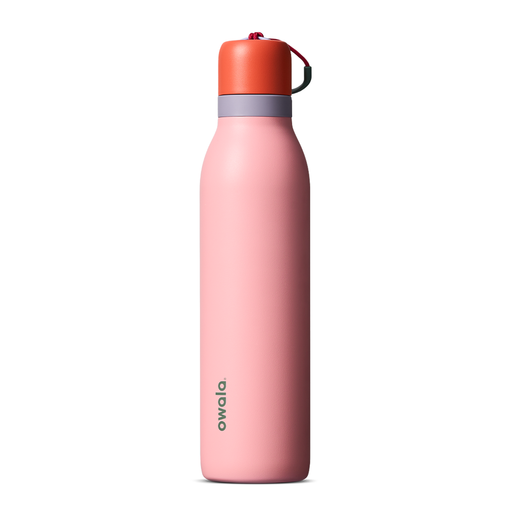 FreeSip Twist 24oz, coral pink body with orange-red lid and purple band; slim insulated bottle