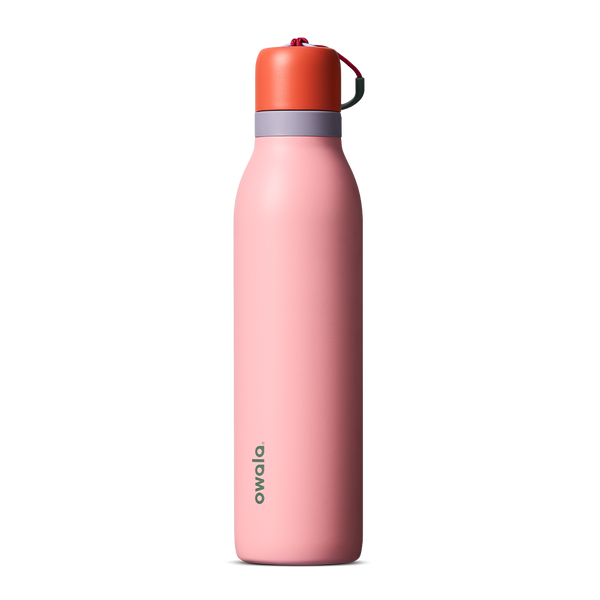 FreeSip Twist 24oz, coral pink body with orange-red lid and purple band; slim insulated bottle
