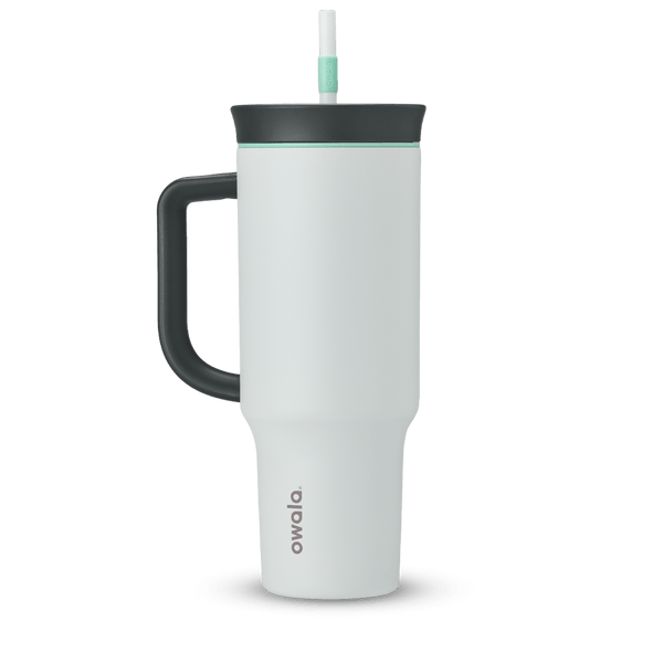 40oz Tumbler in Cloudscape, soft white insulated tumbler with charcoal handle and dark charcoal lid with mint green accent ring, and white straw with mint green grip