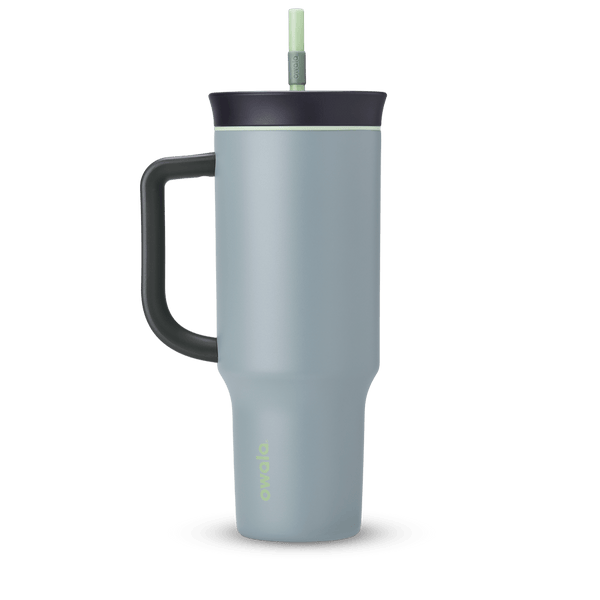 40oz Tumbler in Lost Valley, dusty blue-grey insulated tumbler with black handle, black lid with sage green accent ring, and pale green straw