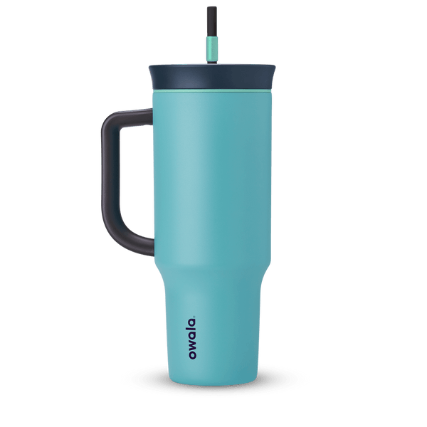 40oz Tumbler in Splash Zone, bright teal insulated tumbler with charcoal handle, deep navy lid, and dark grey straw with mint green grip