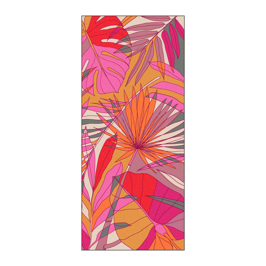 Owala Beach Towel in Tropic Like It's Hot; vibrant pink, orange, and red tropical leaf print Main image