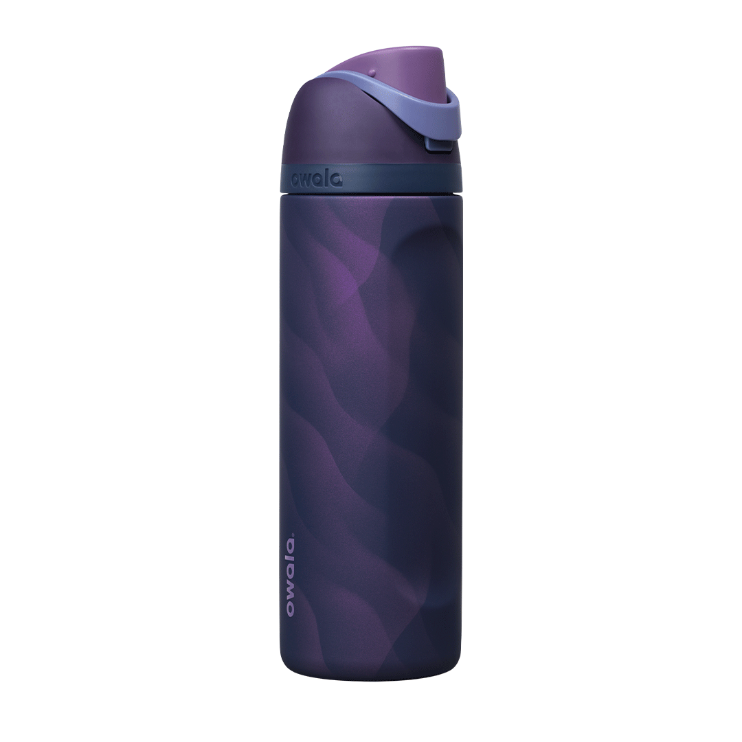 FreeSip 24oz Arctic Storm; rotating view of deep navy blue body with swirling dark purple marbled wave pattern, dark plum flip cap, lavender carry loop, and dark slate lid Main image
