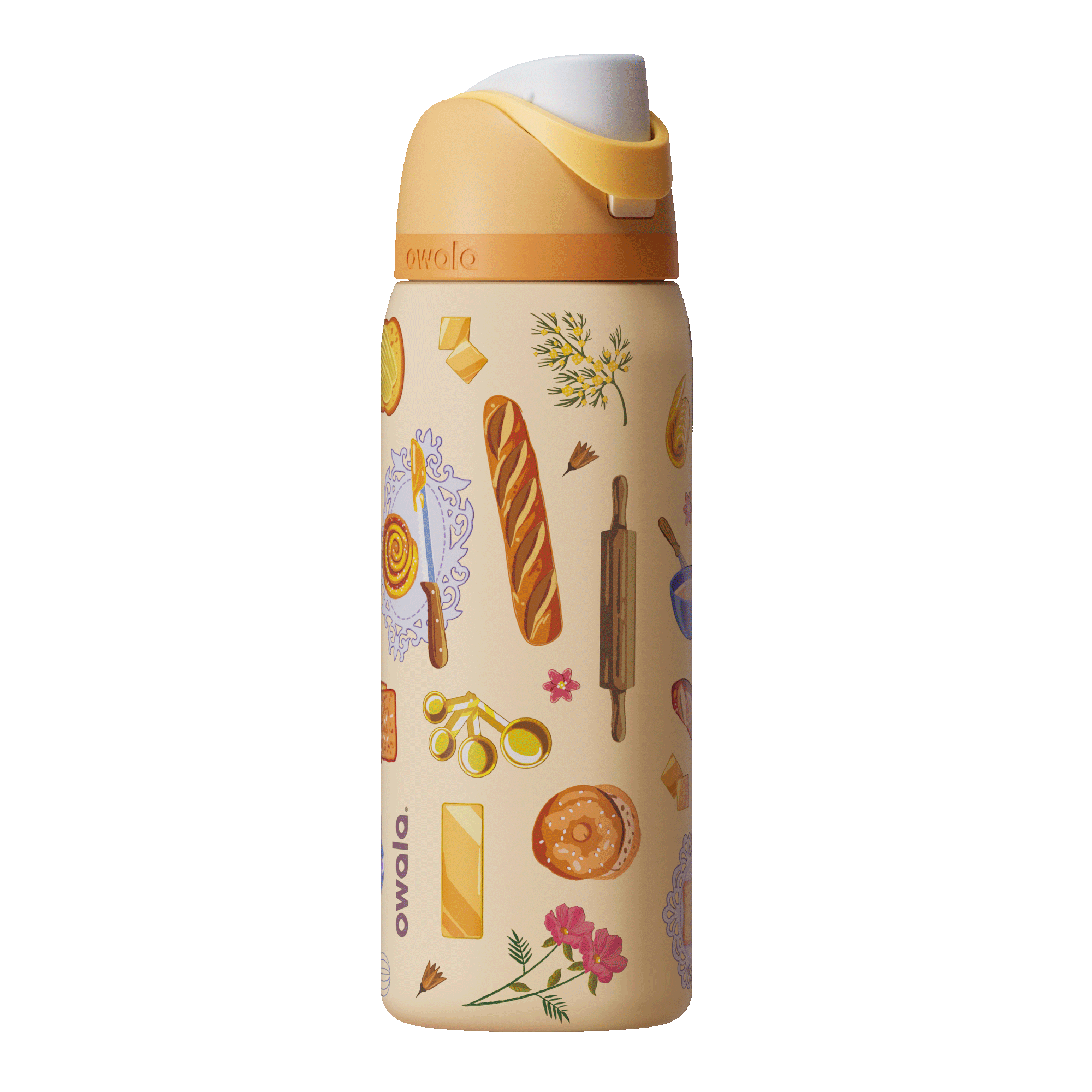 FreeSip 32oz Brunch Bunch; rotating view of warm cream body covered in illustrated brunch food graphics including baguettes, pastries, croissants, eggs, rolling pins, and floral sprigs, with golden yellow flip cap, cream carry loop, and orange lid accent band Main image