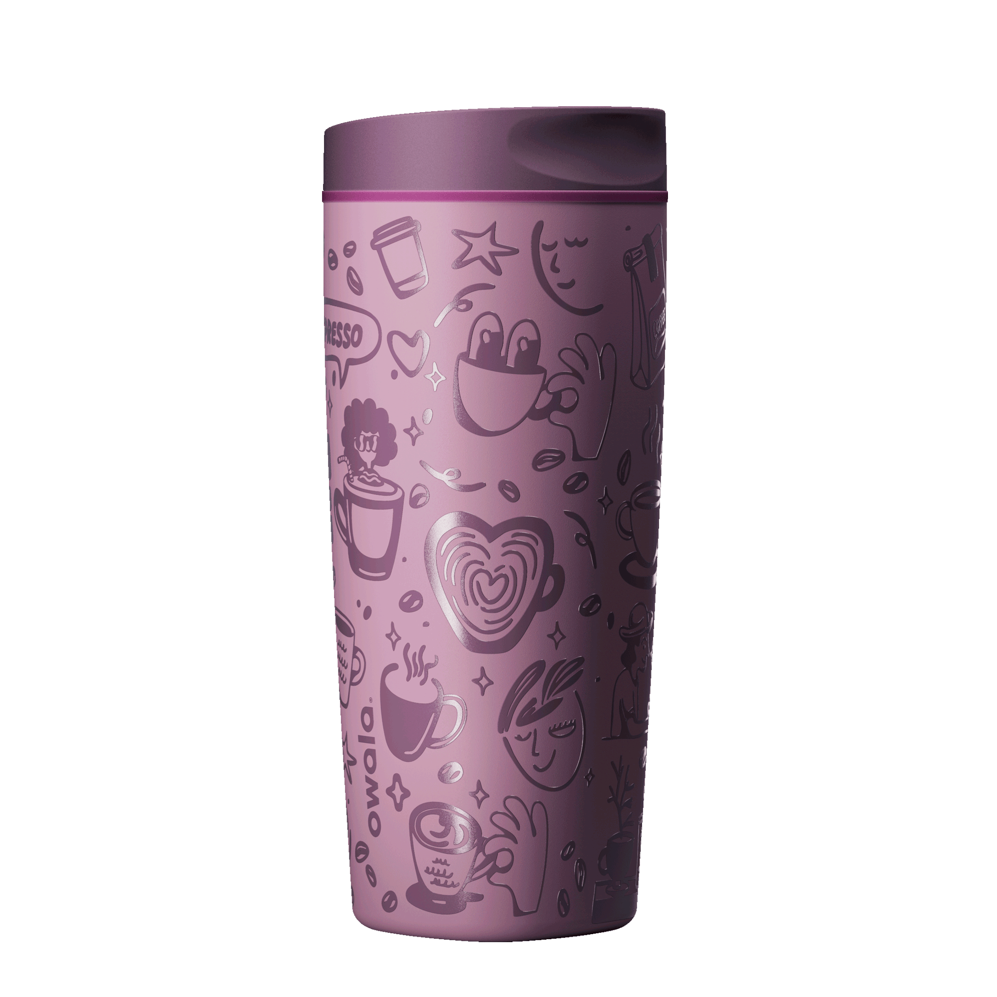 SmoothSip 16oz Morning Rush; rotating view of dusty mauve pink body covered in tonal line-art illustrations of coffee cups, espresso, lattes, beans, and morning motifs, with matching dusty pink lid Main image